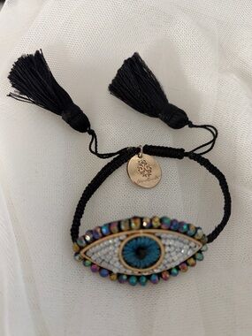 Black Evil Eye Beaded rope Wrist Bracelet with Blue Center